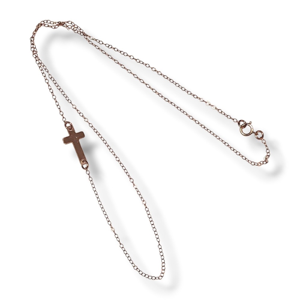 Vintage 14K Rose Gold Filled Side‎ Cross Necklace Dainty Faith Jewelry 19in
